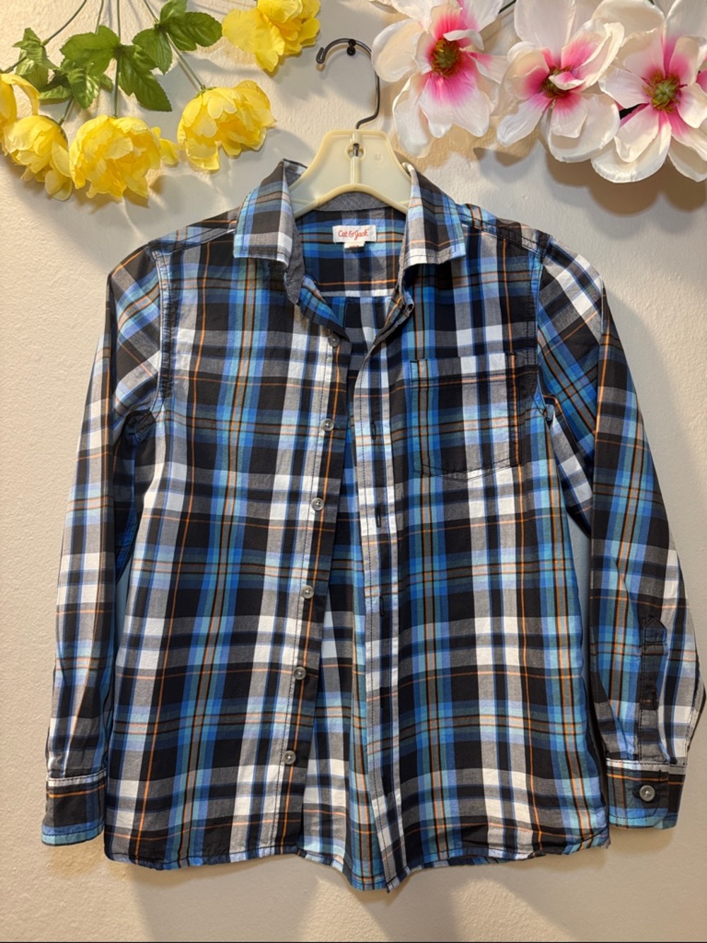 Cat & Jack Blue Black White Plaid Long Sleeve Shirt